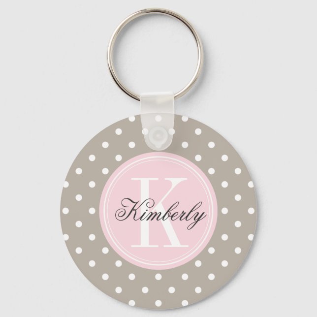 Taupe Polka Dot with Pink Monogram Key Ring (Front)