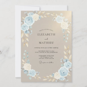 Taupe Powder Blue Leafy Wedding Invitation