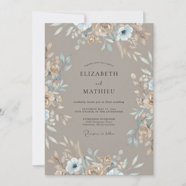 Taupe Powder Muted Blue Leafy Wedding Invitation (Front)