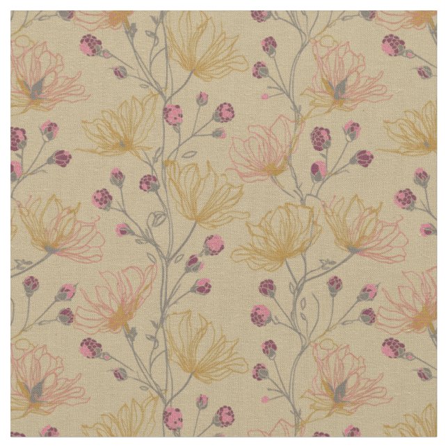 Taupe Raspberry And Mustard Floral Pattern Fabric (Close Up)