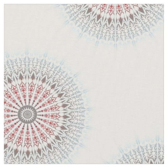 Taupe Red Blue White Mandala Fabric (Close Up)