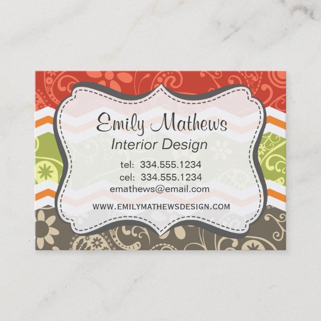 Taupe, Red, Green, and Orange Paisley Chevron Business Card (Front)
