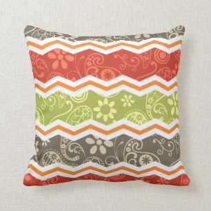 Taupe, Red, Green, and Orange Paisley Chevron Cushion