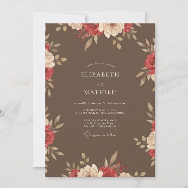Taupe Red Peony Wedding Invitation (Front)