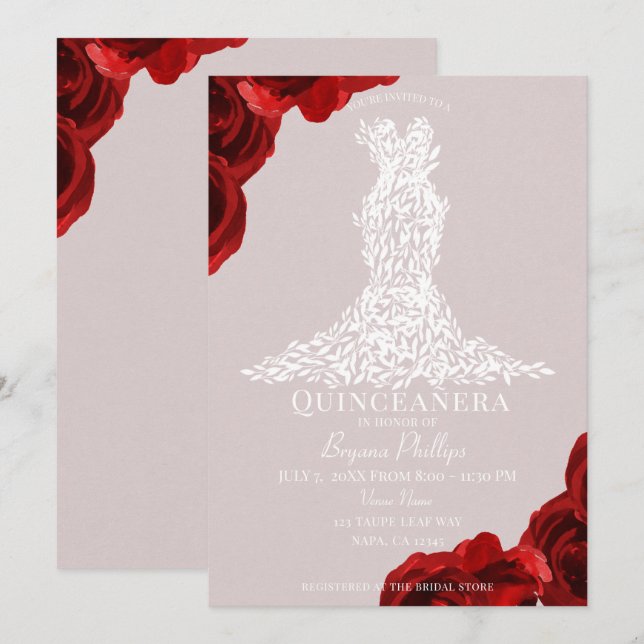 Taupe Red Roses White Leaves Dress Quinceañera Invitation (Front/Back)