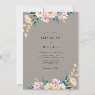 Taupe Rose Blush Ranunculus Eucalyptus Wedding Invitation