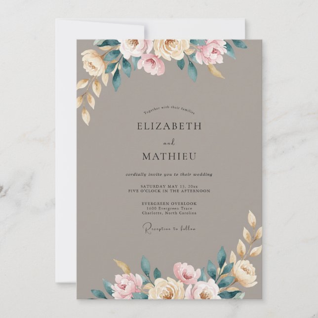 Taupe Rose Blush Ranunculus Eucalyptus Wedding Invitation (Front)