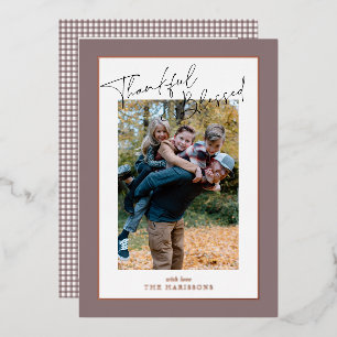 Taupe rose gold foil frame Thanksgiving gingham 