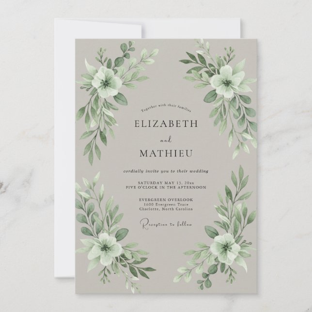 Taupe Sage Floral Wedding Invitation (Front)