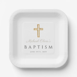 Taupe Script Religious Cross Boy Baptism Paper Plate
