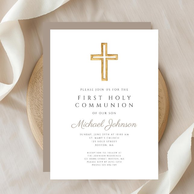Taupe Script Religious Cross Boy First Communion Invitation (Taupe Script Religious Cross Boy First Communion Invitation)