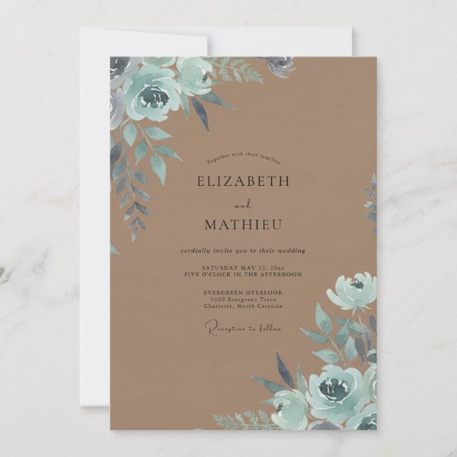 Taupe Seafoam Blossom Wedding Invitation (Front)