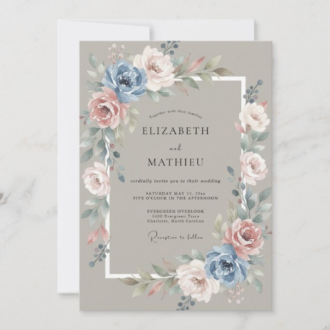 Taupe Serene Vintage Rose Wedding Invitation (Front)