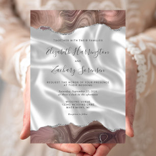Taupe Silver Agate White Silk Wedding Invitation