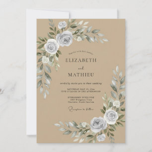 Taupe Silver Blush Rose Wedding Invitation