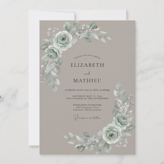 Taupe Silver Petal Wedding Invitation (Front)