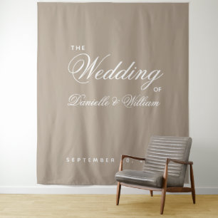 Taupe Simple Elegant Script Wedding Backdrop Tapestry