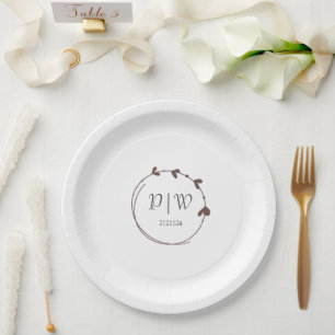 Taupe Simple Monogram Heart Wreath Wedding Paper Plate