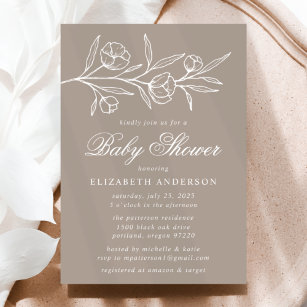 Taupe Sketched Floral Baby Shower Invitation