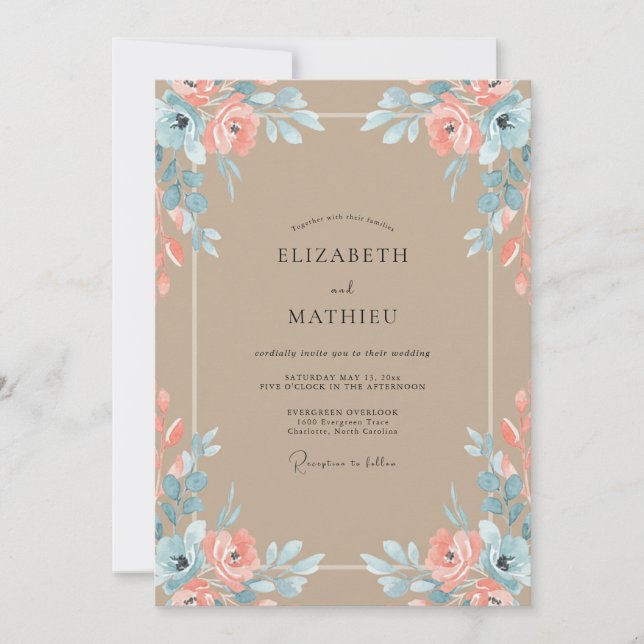 Taupe Soft Coral Petal Wedding Invitation (Front)