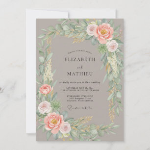 Taupe Soft Peach Peony Wedding Invitation