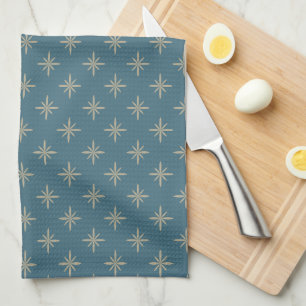 Taupe Stars on Blue Atomic Mid Century Pattern Tea Towel