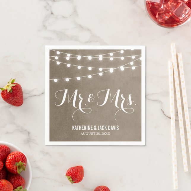Taupe String Lights Wedding Monogram Napkin (Insitu)