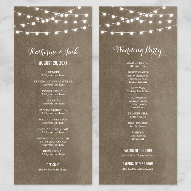 Taupe String Lights Wedding Program Programme (Creator Uploaded)