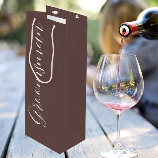 Taupe Stylised Script Wedding Groomsman Wine Gift Bag (In Situ)