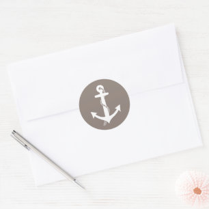 Taupe Tan and White Anchor Classic Nautical Round Sticker