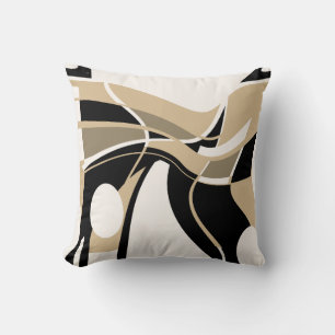 Taupe Tan Black on Off-White Swirling Art Motif Cushion