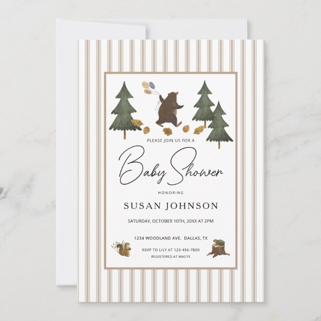 Taupe Tan Brown Woodland Bear Baby Boy Shower Invitation (Front)
