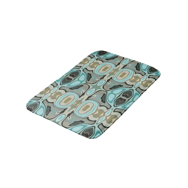 Taupe Teal Aqua Turquoise Bali Batik Pattern Bath Mat (Angled)
