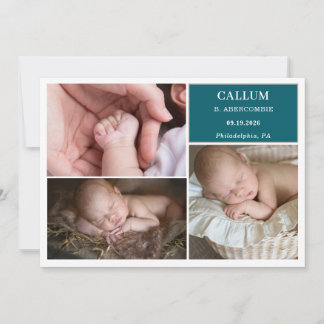 Taupe Teal Baby Photo Collage Announcement Card
