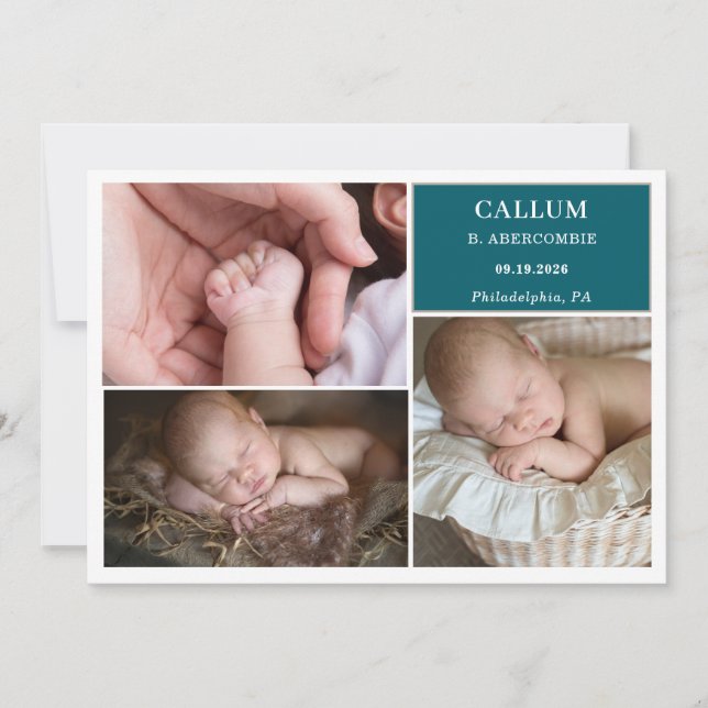 Taupe Teal Baby Photo Collage Announcement Card (Front)