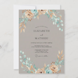 Taupe Teal Foliage Eucalyptus Wedding Invitation