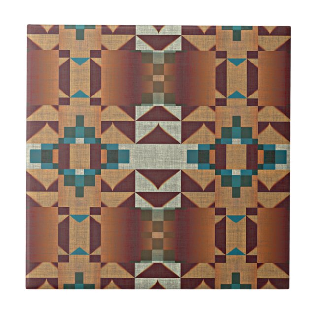 Taupe Terracotta Teal Blue Green Ethnic Tribe Art Tile (Front)