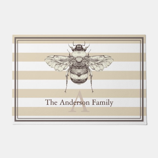 Taupe Vintage Bumble Bee & Family Name Doormat (Front)
