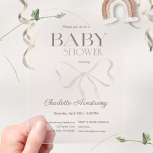 Taupe Watercolor Bow Baby Shower Acrylic Invitations