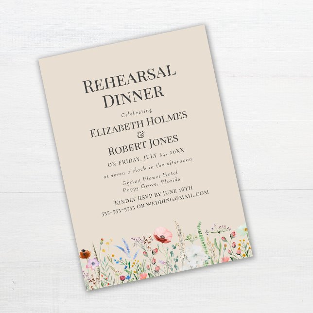 Taupe Watercolor Wildflower Rehearsal Dinner Invitation (Taupe Watercolor Wildflower Rehearsal Dinner Invitation on white wooden table)