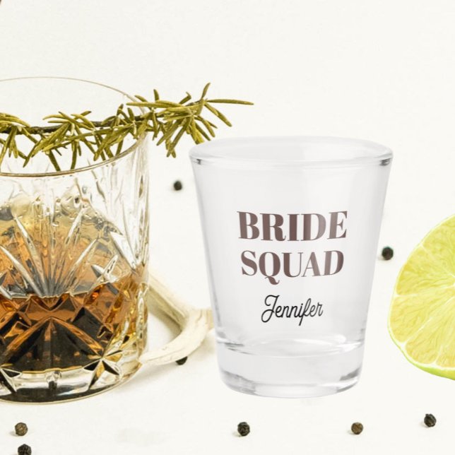 Taupe Wedding Bride Squad Personalized Shot Glass (In Situ)