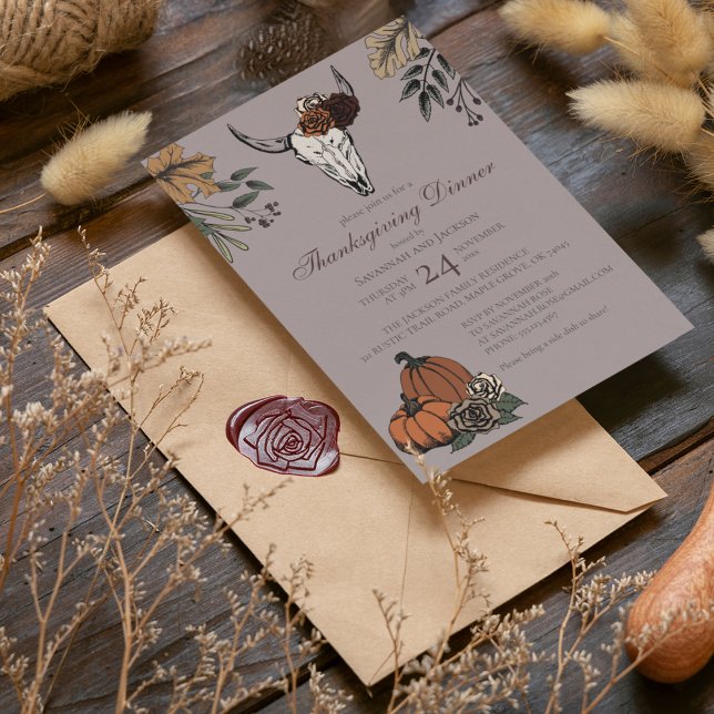 Taupe Western Thanksgiving Cow Skull Fall Harvest Invitation (Elegant Thanksgiving Cow Skull Taupe Invitation. Hand-Drawn Cow Skull & Horns, Roses & Fall Pumpkins)