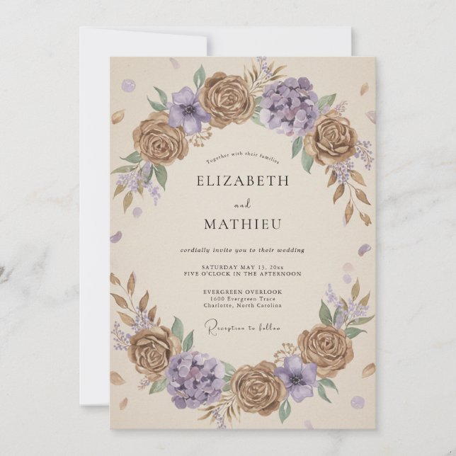 Taupe Whimsical Floral Wedding Invitation (Front)