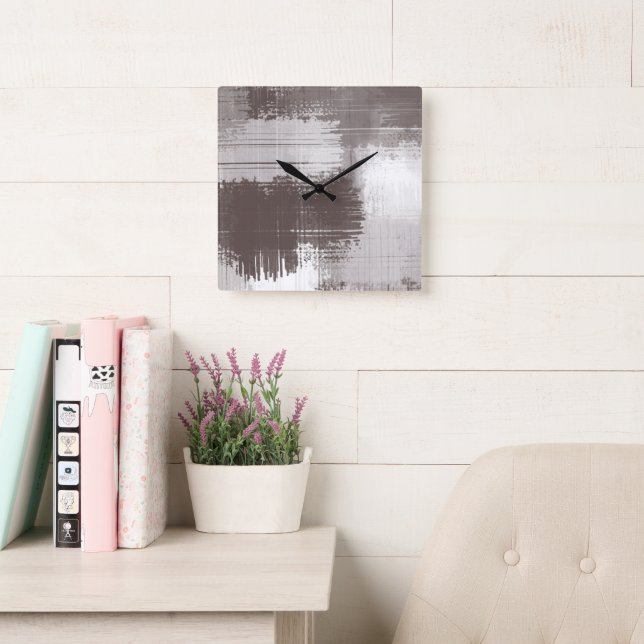 Taupe White Abstract Brushstrokes    Square Wall Clock (Reading Room)