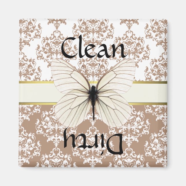 Taupe & White Damask Butterfly Dishwasher Magnet (Front)