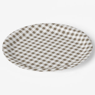 Taupe White Gingham Pattern Paper Plate