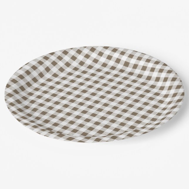 Taupe White Gingham Pattern Paper Plate (Angled)