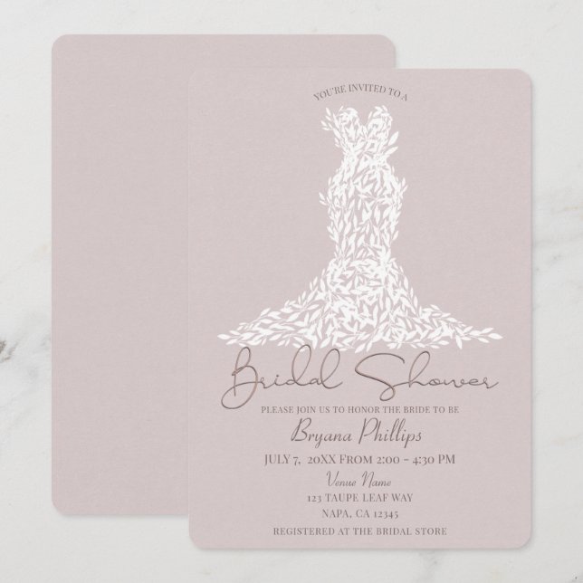 Taupe & White Leaves Dress Modern Bridal Shower Invitation (Front/Back)