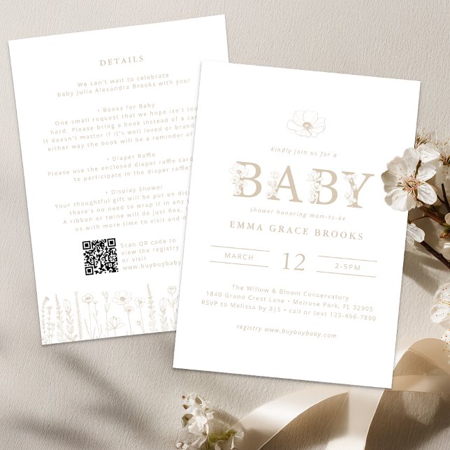 Taupe Wildflower Baby Shower All-in-One Invitation (Taupe Baby Shower Invite)