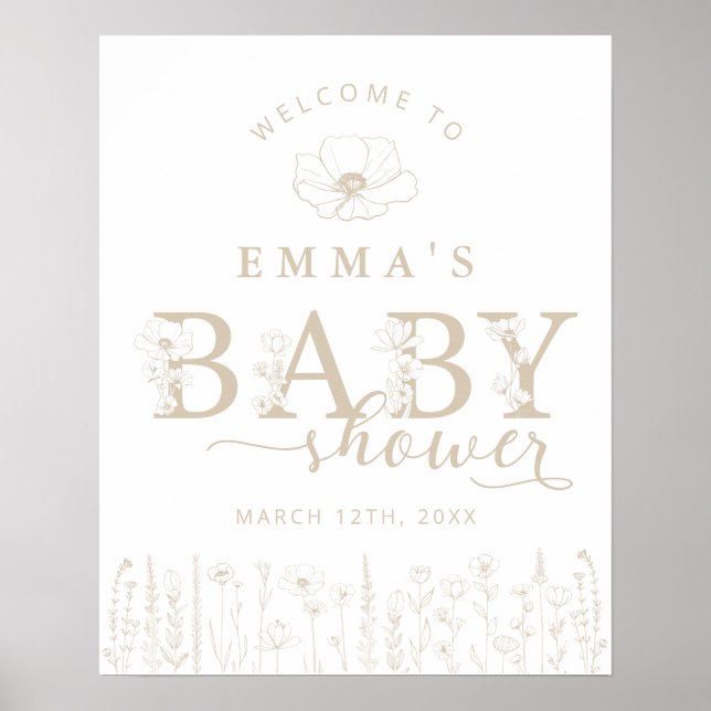 Taupe Wildflower Baby Shower Welcome Sign (Front)